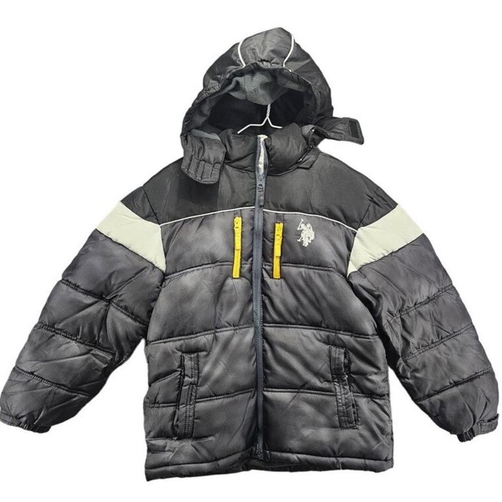 US Polo Assn Kids Black Puffer Jacket Hooded Colorblock Coat Boys Size M 10/12